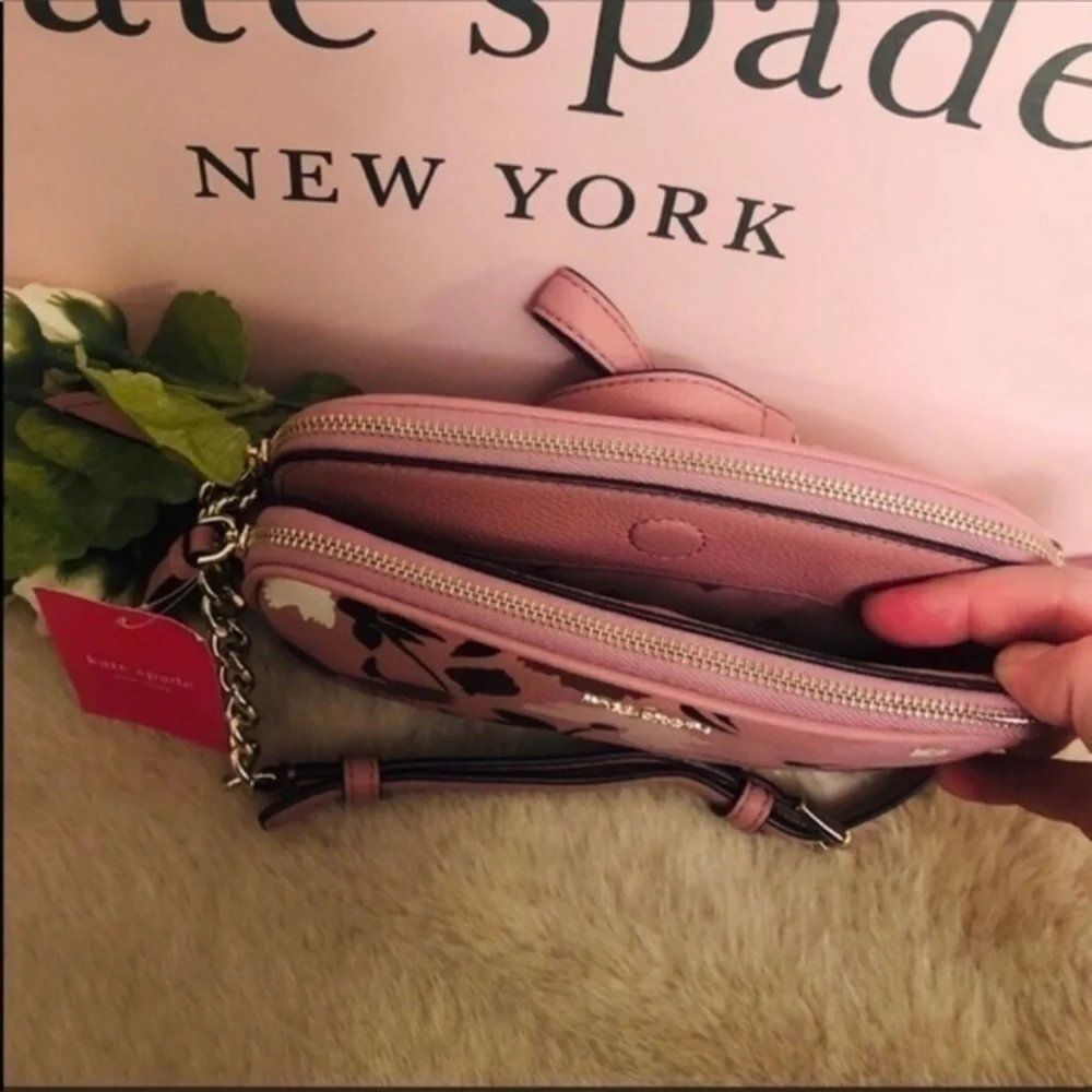 Kate Spade Floral Pebbled Leather Crossbody Bag Pink Zip Center Divider NWT